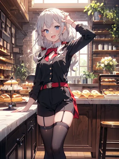 (perky chest:1.2), (pointed chest:1.2),(((Black Tunic:1.3))),(((cakes and bread in the basket),Cute and beautiful girl,(masterpiece), 1girl, solo, adult female, perfect adult female body, (sexy and seductive pose:1.3), bar interior at morning, countertop, ...