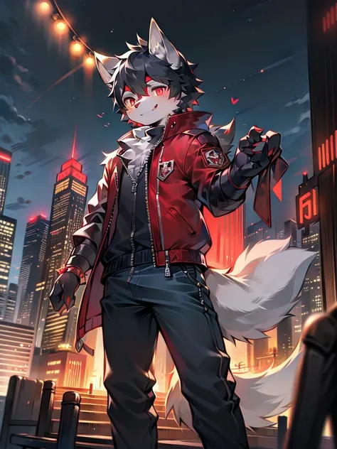 masterpiece,  is the best quality，Young Wolf ，male， Height 175，22 years old,，hairy，Physical fitness，thin， organization ，Members of the Diablo ，Hair（Mainly gray ， Red is the characteristic color）， bright red pupils ，Wearing clothes（black），Big Tail， plush ta...