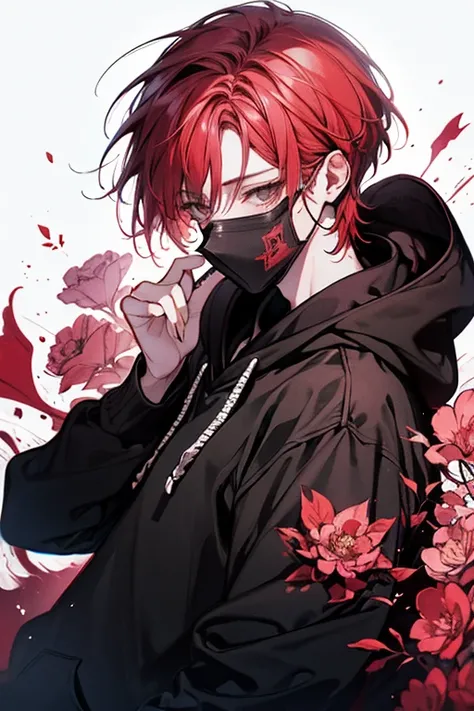 Beautiful young man, red-haired, shoulder length hair, Black mask, Black hoodie,High quality, amount of drawing, pixiv illustration