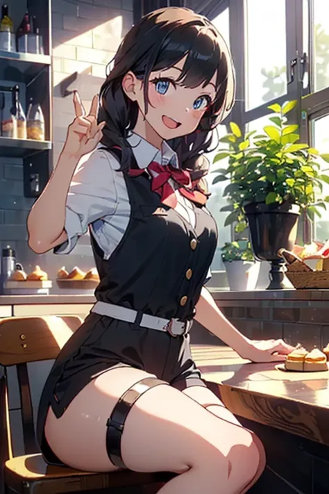 (perky chest:1.2), (pointed chest:1.2),(((Black Tunic:1.3))),(((cakes and bread in the basket),Cute and beautiful girl,(masterpiece), 1girl, solo, adult female, perfect adult female body, (sexy and seductive pose:1.3), bar interior at morning, countertop, ...