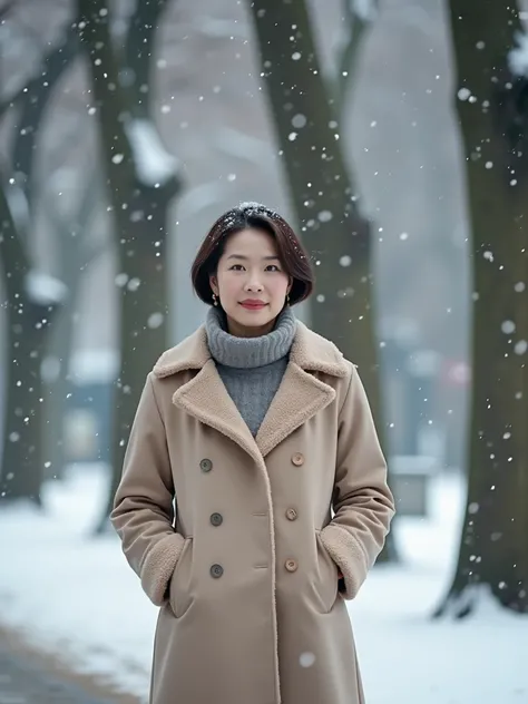 Beautiful Korean woman in her 50s  (  charming gaze  ),  beautiful and bright eyes ,  Short Mid-length Hair  , park. snowstorm. Winter Scenery  . It&#39;s snowing.  Im wearing a goose fur jacket  . A scarf on my shoulder  .  Im wearing white sneakers ..  I...