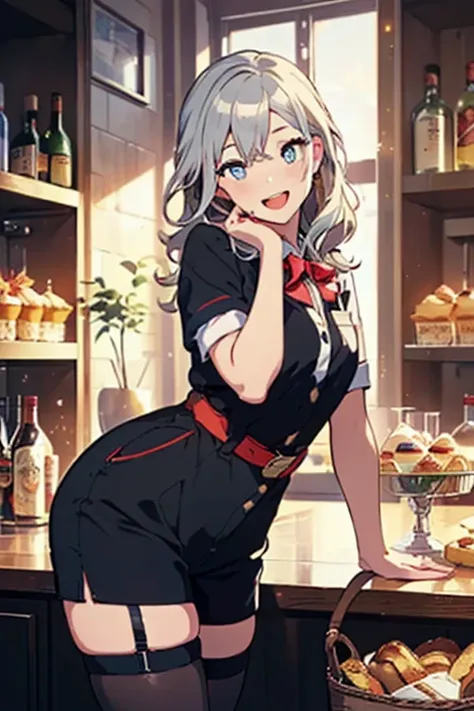 (perky chest:1.2), (pointed chest:1.2),(((Black Tunic:1.3))),(((cakes and bread in the basket),Cute and beautiful girl,(masterpiece), 1girl, solo, adult female, perfect adult female body, (sexy and seductive pose:1.3), bar interior at morning, countertop, ...