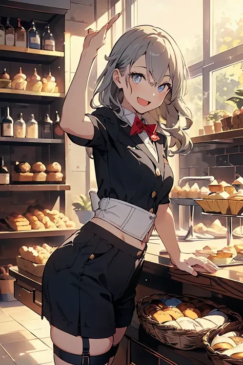 (perky chest:1.2), (pointed chest:1.2),(((Black Tunic:1.3))),(((cakes and bread in the basket),Cute and beautiful girl,(masterpiece), 1girl, solo, adult female, perfect adult female body, (sexy and seductive pose:1.3), bar interior at morning, countertop, ...