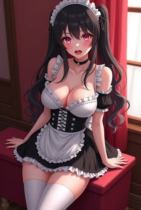 A sexy girl hentai erotic 18 + design artstyles erotic sexy seducing mini maid erotic dress large boob chest tight dress,red lipstick light,pink eyes black hair, giving a erotic pose,tighs white pantyhose,legs black shoes 