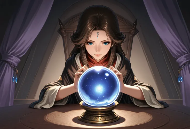 (8k, top quality, Masterpiece , Final Fantasy Style: 1.2),Atmospheric perspectivem profile,A kind fortune teller,There is a cat nearby,Attention to detail,Beautiful crystal ball,Mysterious atmosphere,