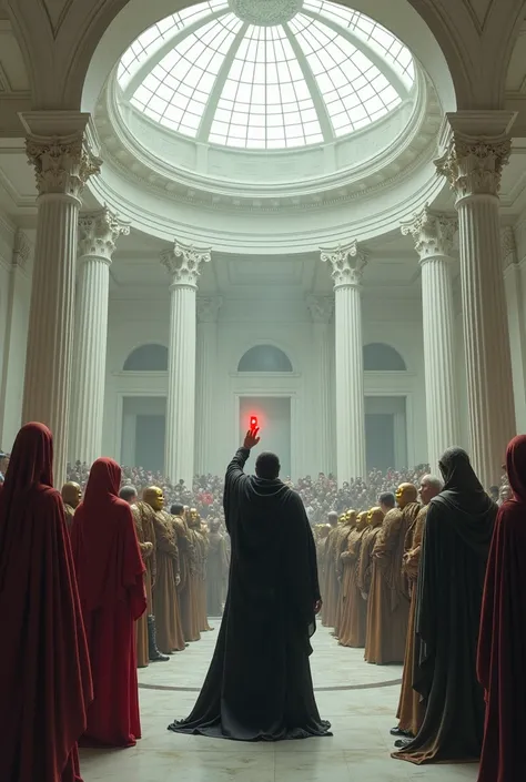  An imposing white marble hall with columns that support a majestic pearlescent glass dome. in the center, Valysther ,  dressed in dark clothes marked by mourning ,  raises a red jewel in front of a tense crowd .  To his left ,  the enigmatic figure of Nes...