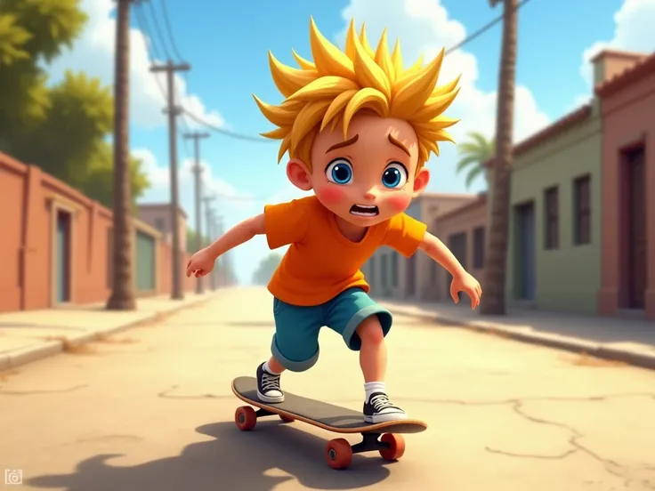 A boy with blond spiky hair, wearing an orange t-shirt and blue shorts. He is skateboarding on a deserted street, with a mischievous smile, but his eyes reveal a slight tinge of concern.