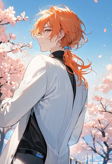  handsome, Alone, 1 male,  medium hair up to buttocks,  low ponytail ,  bright orange hair, hazel eyes,  black shirt, White jacket, Light Blue Ribbon , smiles,blue sky, face forward, watch viewers,cherry blossoms