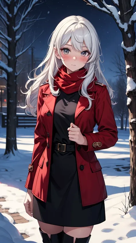 ((masterpiece, best quality:1.3, high detail)), beautiful woman, looking at viewer, long hair, (white hair), full-face blush, solo focus, one person, (red coat, white blouse, red scarf, (long black skirt)), pencil skirt, boots, outdoors, (night sky, snow),...