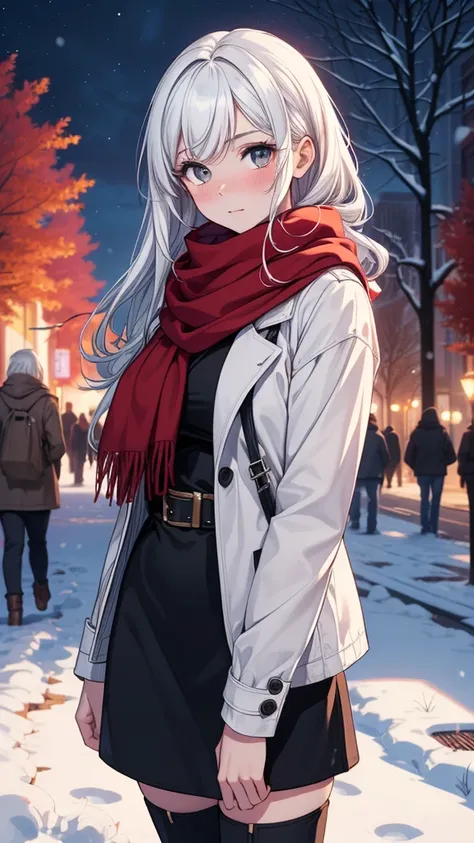 ((masterpiece, best quality:1.3, high detail)), beautiful woman, looking at viewer, long hair, (white hair), full-face blush, solo focus, one person, (red coat, white blouse, red scarf, (long black skirt)), pencil skirt, boots, outdoors, (night sky, snow),...