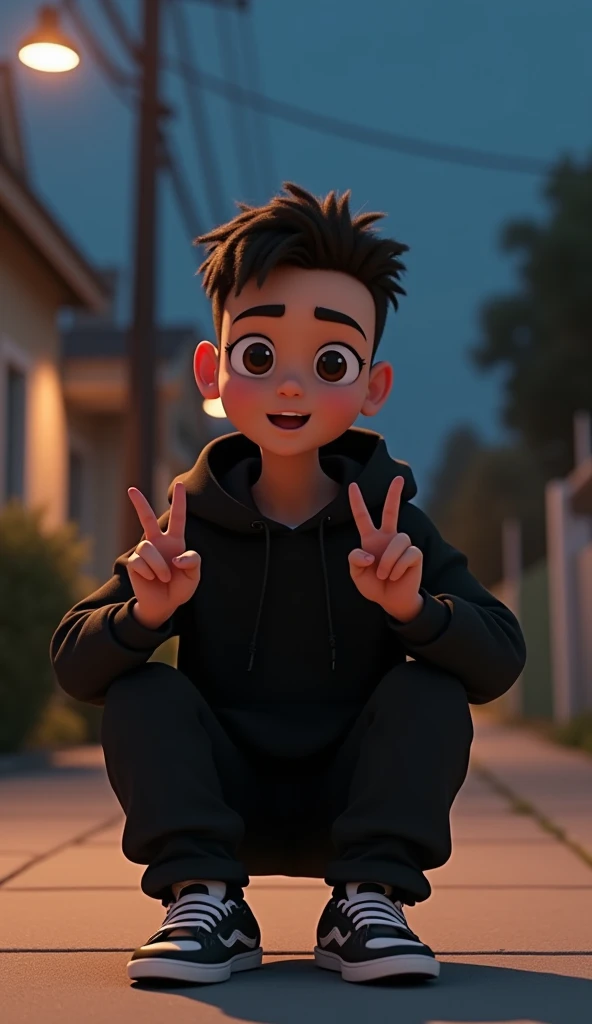  Create an animated 3D character in semi-realistic style for the animated video .  The character is a small  with a light skin tone and rather random short hair . He was wearing a black hoodie ,  long black jeans ,  and black-and-white sneakers .  The char...