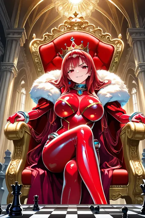  1 girl,  high definition ,  long hair, alone,  smiles,  smirk,red eyes,  red hair,  anatomically correct,  top quality,  Big Breasts , Crown, red Shiny Enamel Bodysuit，fan，Western Castle，glittering decoration，Elegant，Queen Of Chess , sit on the throne
