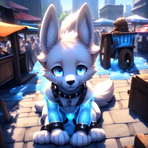 ( detailed crying ,  detailed face ,  detailed background,  detailed body ),  detailed quality, 4K,  high resolution,  highly detailed
A cute little wolf puppy.
(very young, very sweet, Alone), ( white fur ,  blue eyes , no hair), (has a small penis,  hand...