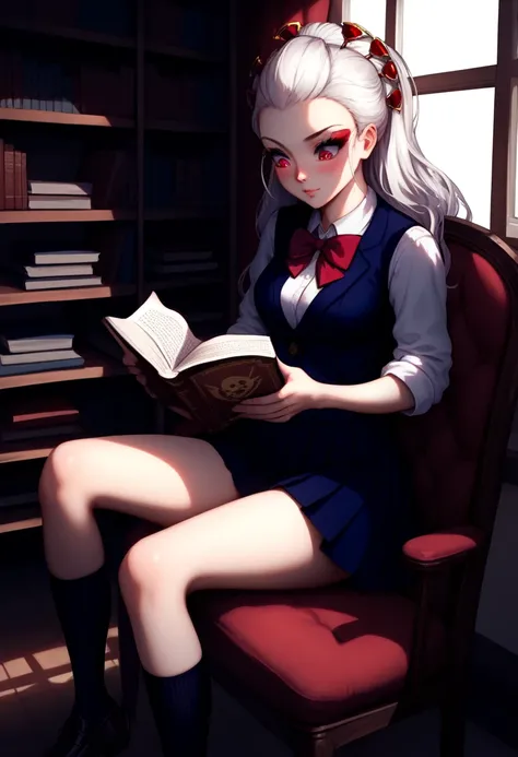 score_9,score_8_up,score_7_up, source_anime, daki, white hair, glowing skin, school outfit , library background, rack full of book, , medium breast, blush, , perfect body,, realistic library,  reading a book, perfect daki , sitting on library chair, lamp R...