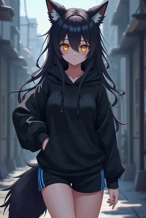 long hair, wolf ears, wolf tail, dark blue hair, yellow eyes, black hoodie, black short pants with blue stripes on each side, medium size chest, thick thighs, anime style