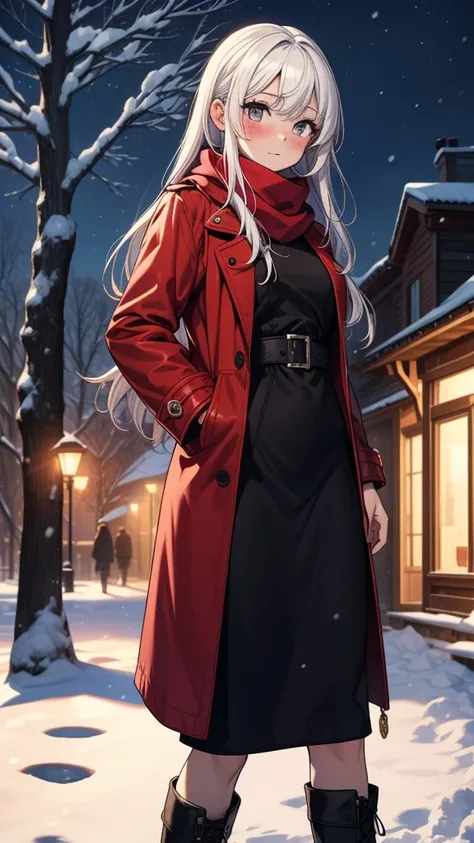 ((masterpiece, best quality:1.3, high detail)), beautiful woman, looking at viewer, long hair, (white hair), full-face blush, solo focus, one person, (red coat, white blouse, red scarf, (long black skirt)), pencil skirt, boots, outdoors, (night sky, snow),...