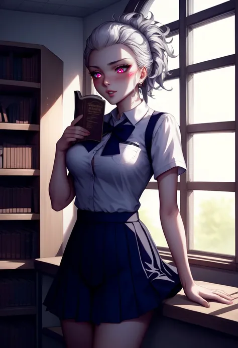 score_9,score_8_up,score_7_up, source_anime, daki, white hair, glowing skin, school outfit , library background, rack full of book, , medium breast, blush, , perfect body,, realistic library, , perfect daki ,, lamp Reading, in light not to dark, masterpiec...