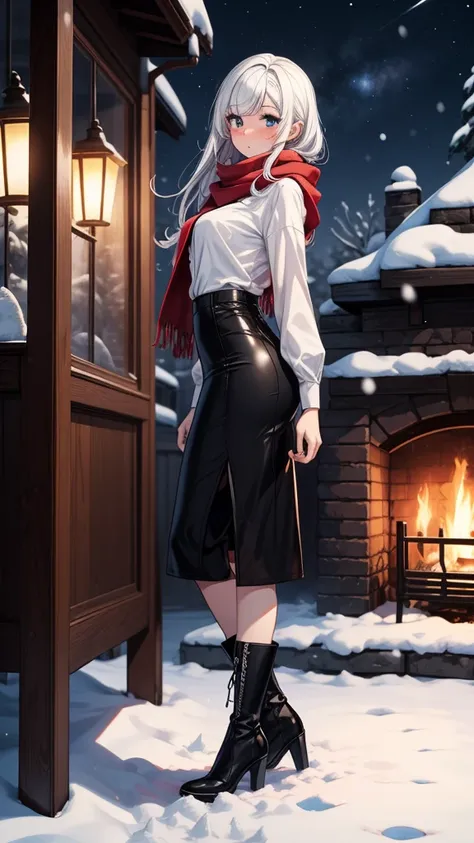 ((masterpiece, best quality:1.3, high detail)), beautiful woman, looking at viewer, long hair, (white hair), full-face blush, solo focus, one person, (red blouse, red scarf, (long black skirt)), pencil skirt, boots, indoors, fireplace, window, (night sky, ...