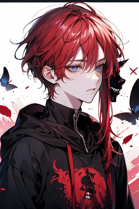 Beautiful young man, red-haired, shoulder length hair, Black mask, Black hoodie,High quality, amount of drawing, pixiv illustration