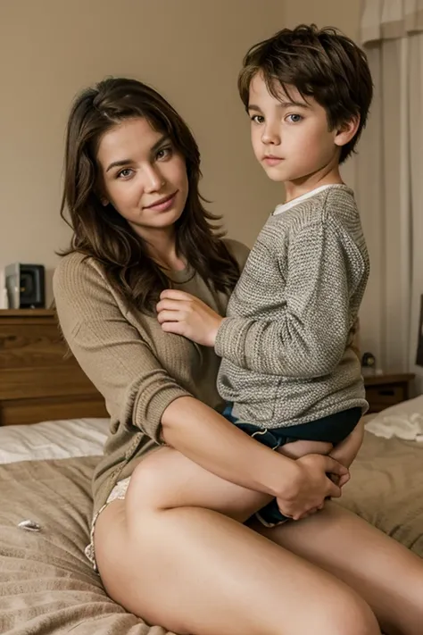 A young boy sitting on his mothers lap in a cozy bedroom, without pants. mother and son, 1boy, jackpot please, big thighs, hello??? where is Mother and son at??? what happened to accuracy?