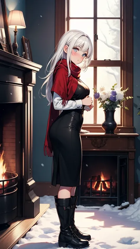 ((masterpiece, best quality:1.3, high detail)), beautiful woman, looking at viewer, long hair, (white hair), full-face blush, solo focus, one person, (red blouse, red scarf, (long black skirt)), pencil skirt, boots, (indoors, fireplace, window), night sky,...