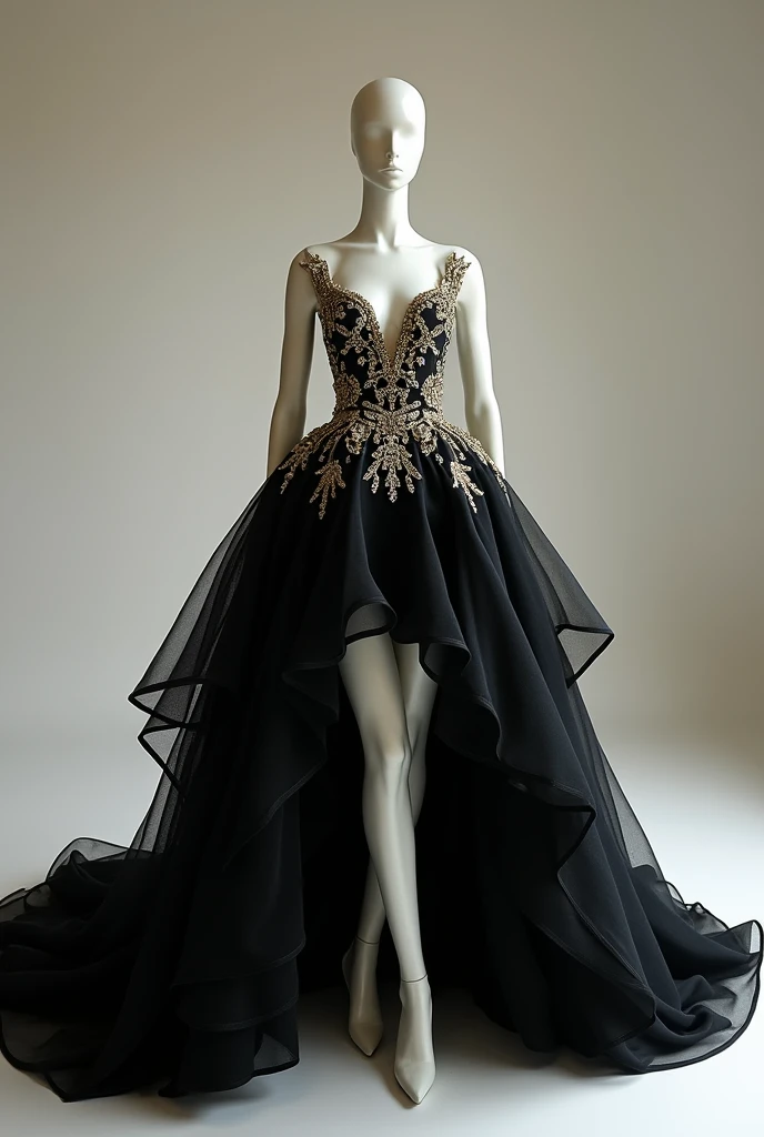 Long wedding gown dress for women on a maniqune  more fluffy and more expensive  

Make the colour in black also add diamond works in it and gold outlines 