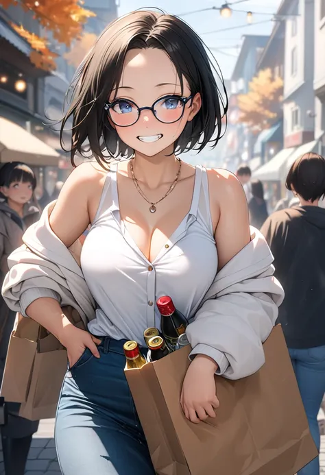 RAWphoto,photorealistic,8k16k,best quality,perfect anatomy,perfect detailed,ultra highres, extremely detailed eyes and face,gleaming skin,shiny skin,1girl,Japanese,black short hair,pixie cut, (wearing glasses:1.3),(parted bangs,forehead:1.2),round face,med...