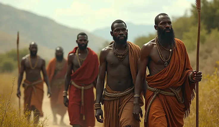  An ultra realistic depiction of prisoners of a battle between two African tribes.  The image shows four prisoners , men in a row ,  in their traditional dress ,  being escorted two warriors to the side of the row 
 And holding a spear.  They are in an Afr...