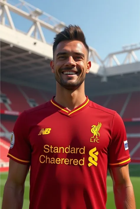 Smart smile.liverpool football club shirt.in front of anfield studium.