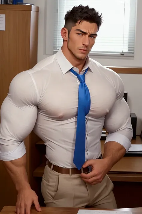 A very handsome man,  white shirt with buttons blue tie, muscular,  very muscular , in a wooden office , massively large biceps 