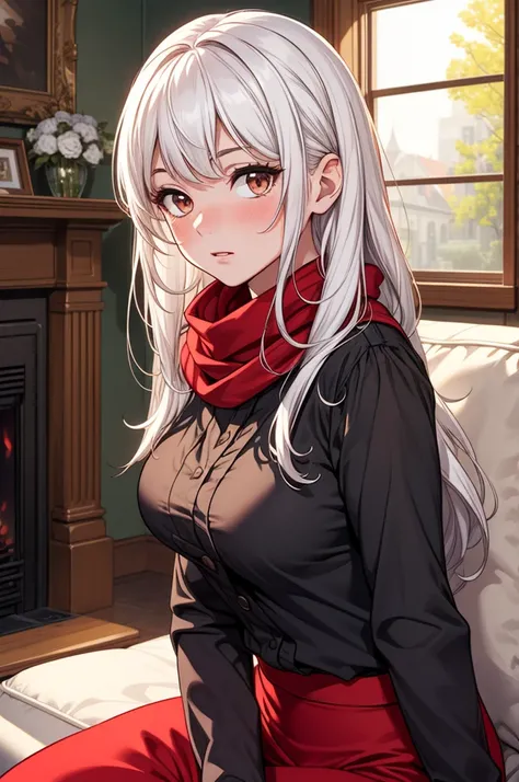 ((masterpiece, best quality:1.3, high detail)), beautiful woman, looking at viewer, long hair, (white hair), full-face blush, solo focus, one person, (black blouse, red scarf, (long red skirt)), pencil skirt, boots, (indoors, fireplace, window, couch), (lo...