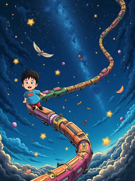 (best quality,ultra-detailed,realistic:1.37), humor, comic style, bold lines,(Birds-eye view:2.5）, (A distant view:1.5）, Night on the Galactic Railway, Giovanni is a boy who sets out on a journey in search of his best friend, Campanella, On the night of th...