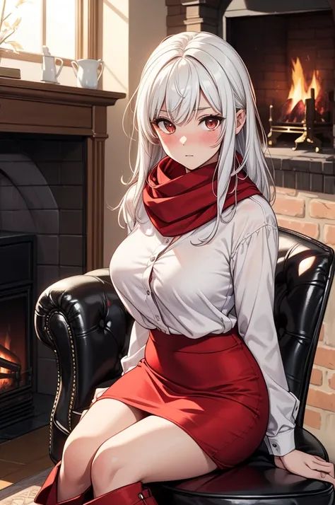 ((masterpiece, best quality:1.3, high detail)), beautiful woman, looking at viewer, long hair, (white hair), full-face blush, solo focus, one person, (black blouse, red scarf, (long red skirt)), pencil skirt, boots, (indoors, fireplace, window, couch), (lo...