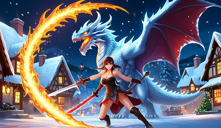 a peaceful holiday village covered in snow (with Christmas lights and Christmas decorations) is being destroyed by a ravaging ice dragon (glowing eyes, ice breath, menacing form, demonic appearance), a sexy female giant (wearing chainmail, wielding an over...