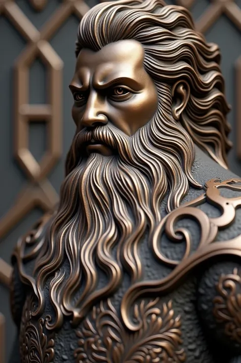 Image is a detailed and artistic close-up of a bronze bearded mountain man sculpture, showcasing a side profile. The  face is intricately designed with ornate patterns etched into the metal, giving it a regal and majestic appearance. Its mane is meticulous...