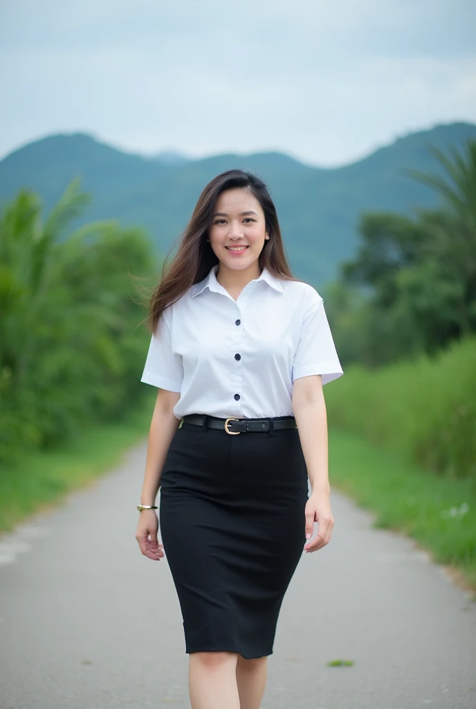 Thai woman confidently walking outdoors on a paved path surrounded by lush green trees and hills under a clear blue sky. She is wearing a white blouse short sleeves with white six buttons and a black pencil skirt with a black belt, and black high heels, gi...