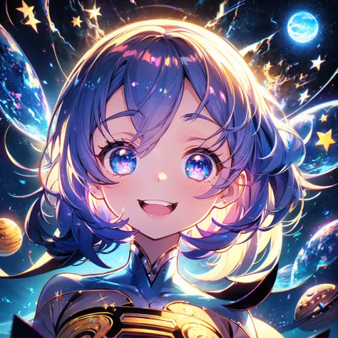 Chibi、cute、1girl, pretty face、Baby Face、((( dynamic best composition with a smile and staring at the top、 top quality、 Highest Masterpiece、 super detailed、 high definition、 perfect anatomy )))、 black light 、 black light ボディペインティング、universe、Milky Way、star、流...