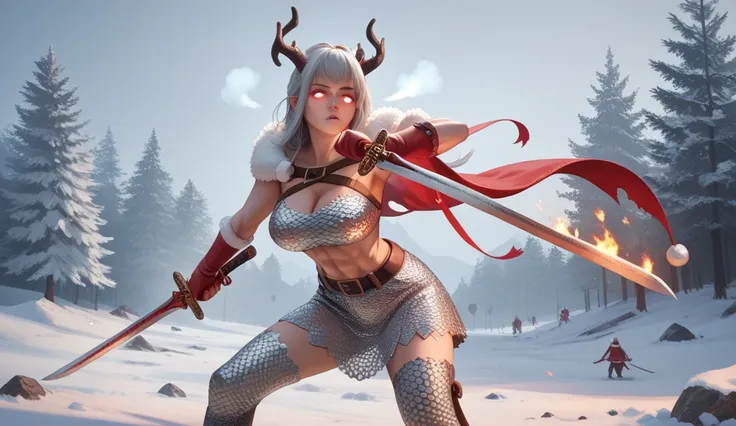 a peaceful holiday village covered in snow (with Christmas lights and Christmas decorations) is being destroyed by a ravaging ice dragon (glowing eyes, ice breath, menacing form, demonic appearance), a sexy female giant (wearing chainmail, wielding an over...