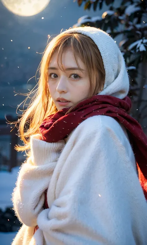 (  Snow is falling、 blue eyes、 blue eyes、white winter clothes、Admire the night sky in a frigid region、Im wearing a fluffy red scarf、Her breath is white expression 、A woman looking at the starry sky、 Night Background 、that&#39;Outside at night)、(    plump b...