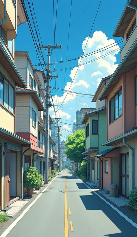 ( Ghibli Studio , photo ), ( vintage ) , ( old poster 90s ) ,anime japan, (, no creature ), ( A small corner in a big city),  beautiful sky , Peaceful , Film Camera View , Nostalgia , noise picture , anime draw ,  eye-level view , Japanese 