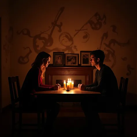 An intimate dining room set for two under dim, flickering candlelight, captured in a high-resolution cinematic photograph. The couple sits apart at a rustic wooden table, their body language conveying emotional distance and unspoken tension. Shadows cast b...