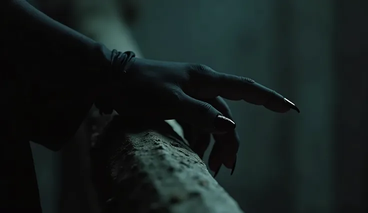  silhouette, in close up, Draculas hand appears gliding over an old, slathered railing,  Draculo sweeps his hand with the tips of his long nails , black, Scariadas , The scene is dark, highlighting the 