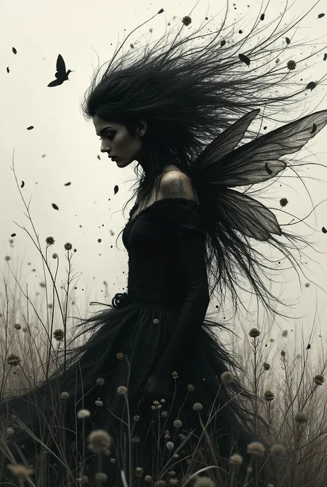 ((angry fairies)),ominous fairys land,ominous places,pretty face,threatening landscape,Iryna Yermolova,Nicola Samori,alexey egorov,alina ivanchenko,steampunk,cheyenne, High contrast, minimalistic, colored black and grungy white, dramatic, graphic novel ill...