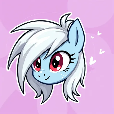 Blue pony with white disheveled hair red eyes white freckles