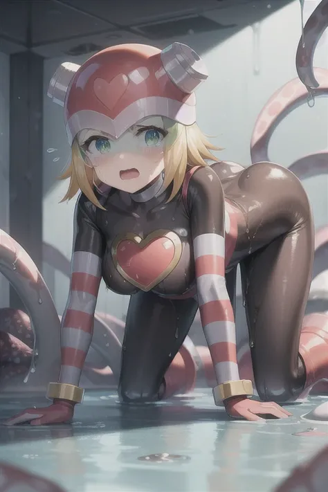 harpnote_megamansf, 1girl, blonde hair, short hair, bodysuit, heart, (helmet), green eyes, looking behind, crying, high quality, sad, masterpiece, torn clothes, bodysuit, breasts, large hips, concerned, tears, boobs out, thicc, torn clothes, slime all over...