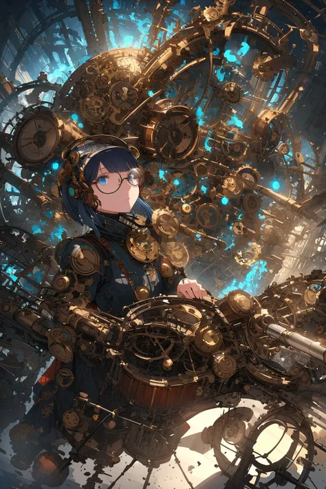 (extremely detailed fine touch:1.3), (((semi-rimless round eyewear:1.3))), (headphone:1.2), short hair, blunt bangs, 1girl, solo, design, steampunk, futuristic, man, mechanical_enhancements, robot_joints, playing_piano, steampunk-inspired_piano, gears, pip...