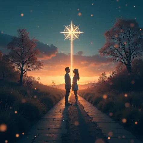 A symbolic intersection at twilight under a starry sky, captured in a dreamy, cinematic photograph. Two individuals stand at the crossroads, gazing towards each other with hopeful yet uncertain expressions. A glowing compass rose or light beams highlight t...