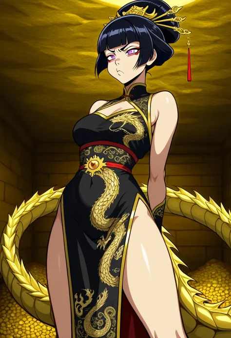 A ladt ninja warrior (elaborate geisha dress intricate gold dragon embroidery, amazing eyes, sultry pose, pouting lips, carrying 2 poisoned daggers), in a treasure room