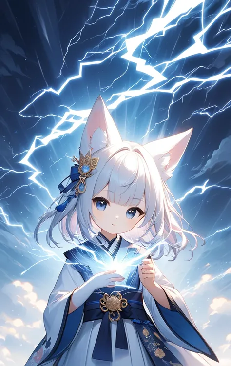     digital art  、  Poster Designs  、Onmyoji、 its a white kitten fox manipulates lightning，,Effects of lightning strikes 、Cool explanation   、#  magic  