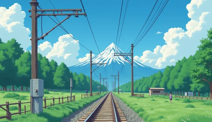 ( Ghibli Studio , photo ), ( vintage ) , ( old poster 90s ) ,anime japan, (, no creature ), (countryside),  beautiful sky , Peaceful , Film Camera View , Nostalgia , noise picture , anime draw ,  eye-level view , Japanese  , Railway tracks , Automatic wate...